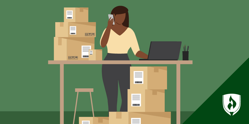 Illustration of a woman on the phone, standing behind a desk covered in boxes with shipping labels