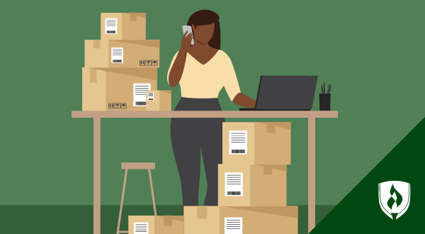 Illustration of a woman on the phone, standing behind a desk covered in boxes with shipping labels