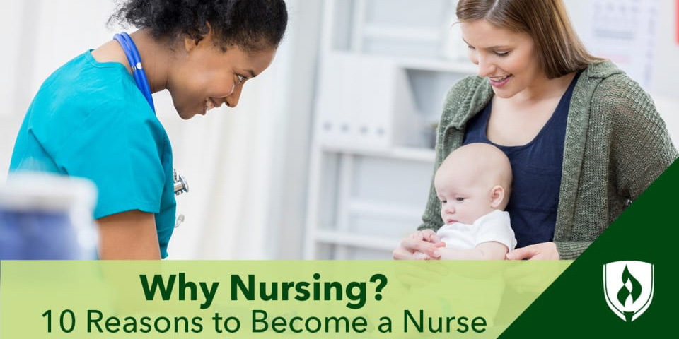 Female nurse with brown skin and turquoise scrubs smiles at baby in a mom's lap