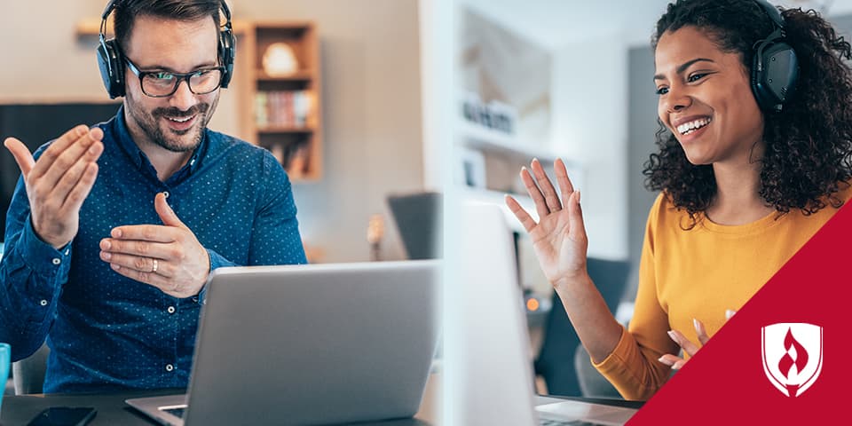 split screen of two employees talking on headsets at computers