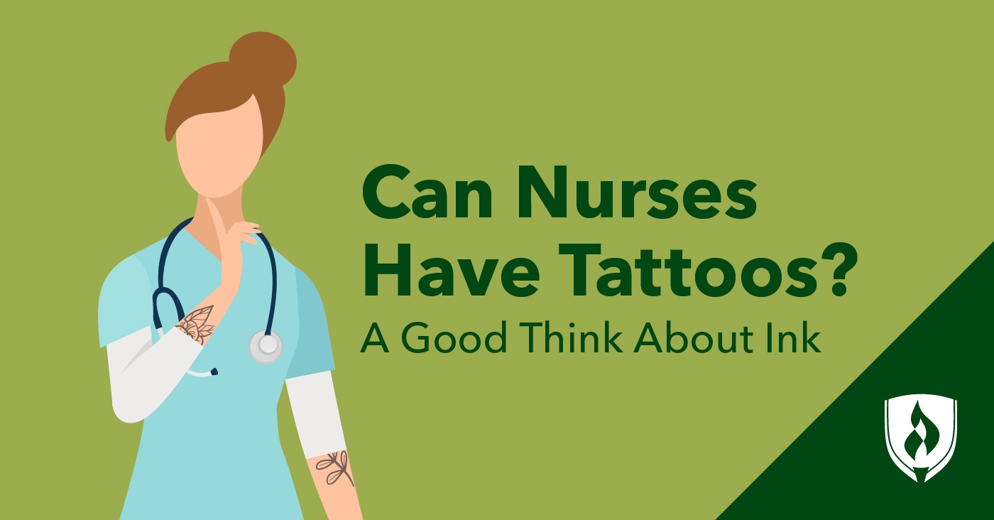 illustration of a nurse with tatoos on her arms with her finger on her chin like she's thinking can nurses have too