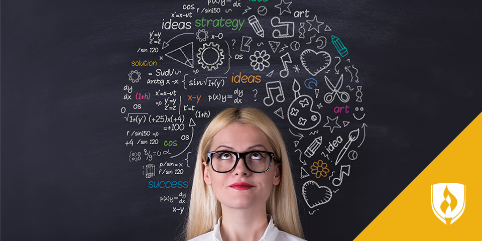 female looking up with floating works and icons above