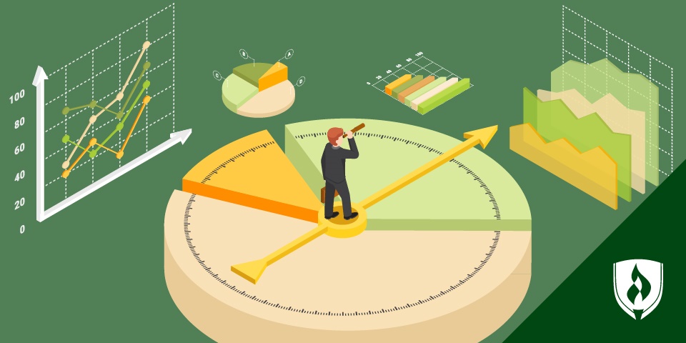 illustration of a budget analyst looking a wide range of graphs with a telescope representing how to become a budget analyst