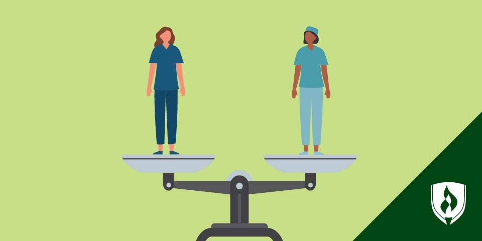 illustration of two nurses on a scale representing lpn vs rn