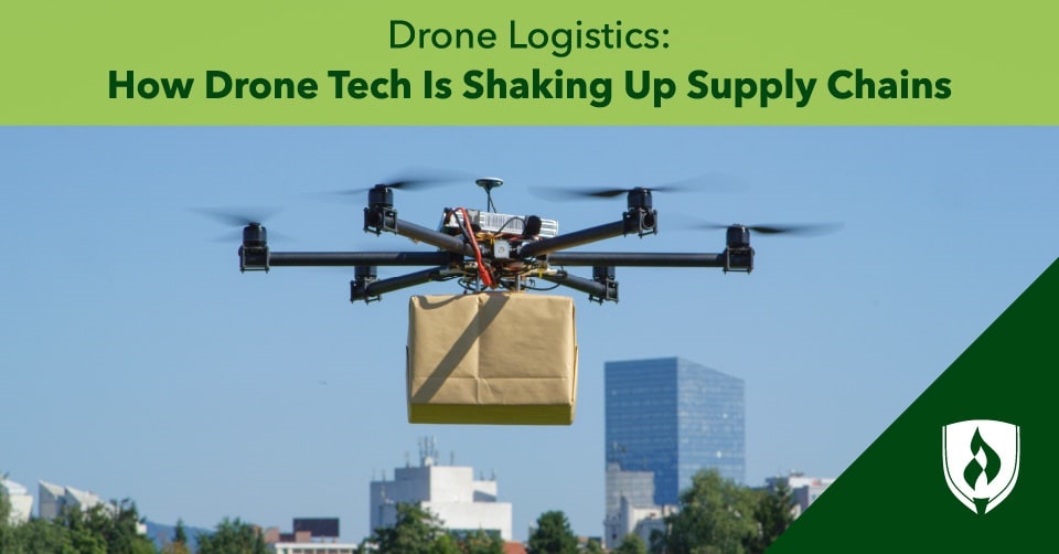 photo of a drone carrying a package representing drone logistics