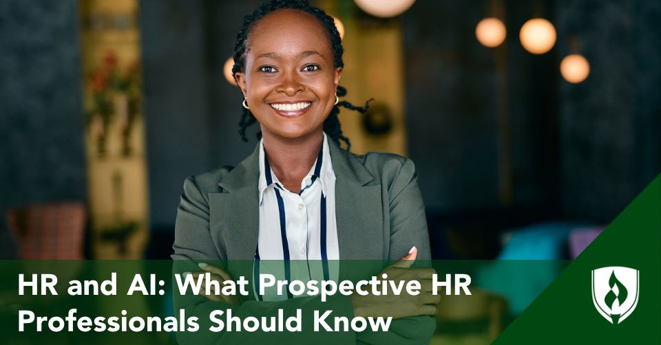 An HR pro smiles in a modern office