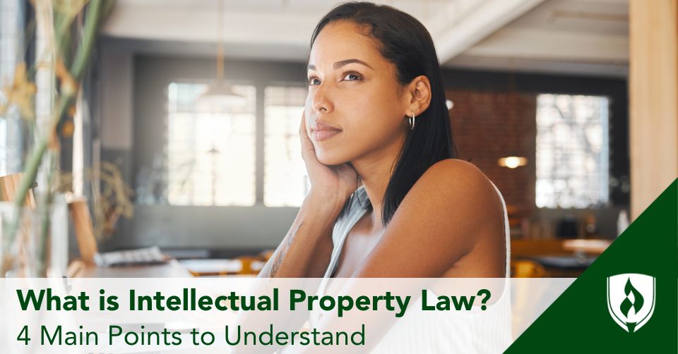 intellectual property law header A business professional ponders by her computer