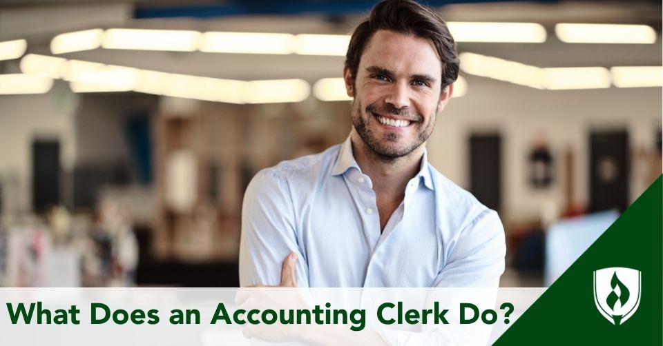 accounting clerk header An accounting clerk smiles in front of a busy office
