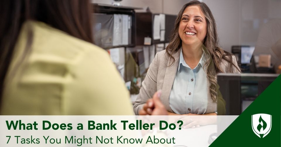 bank teller header A bank teller greets a customer