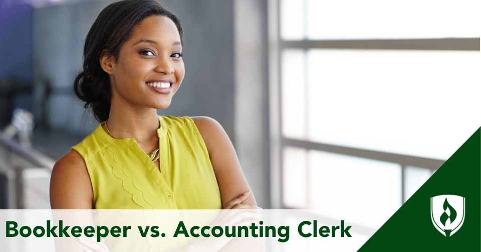 Bookkeeper vs accounting clerk header A business student smiles confidently at the camera