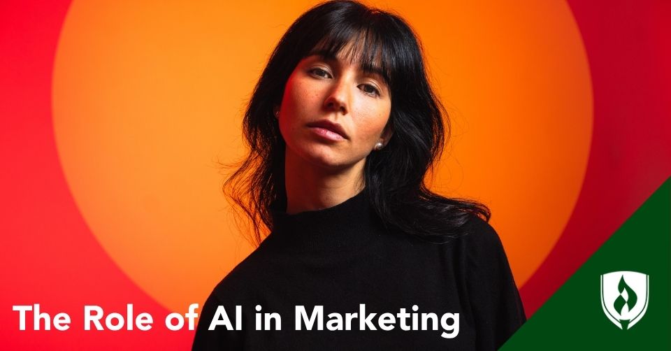 role of AI in marketing header A woman looks at the camera with orange and red circles in the background