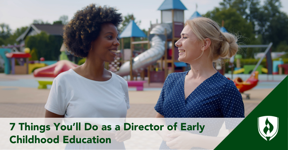 An ECE director talks with a teacher near a playground