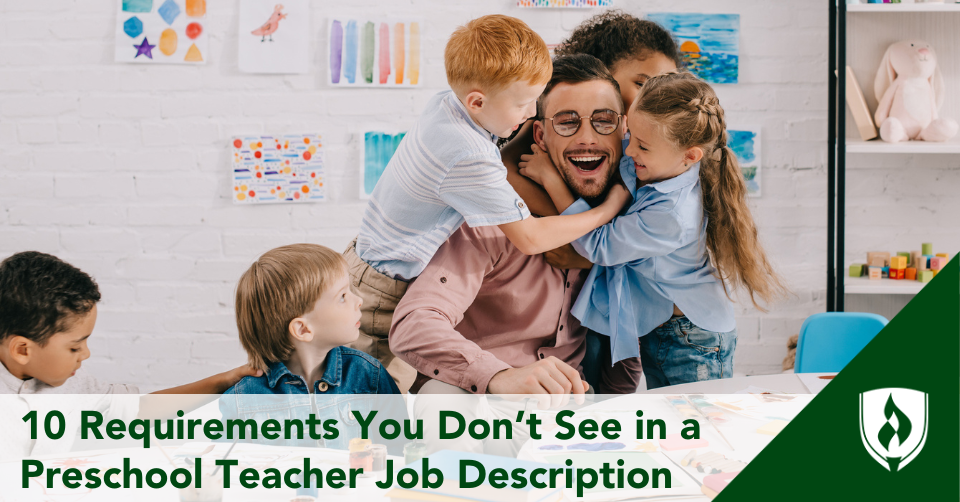 Children give a group hug to their preschool teacher