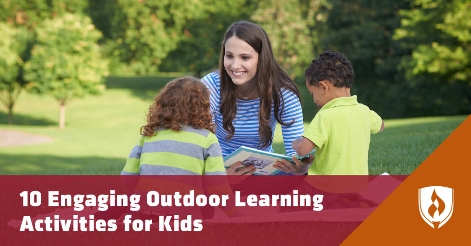 female nanny teaching boy and girl in park