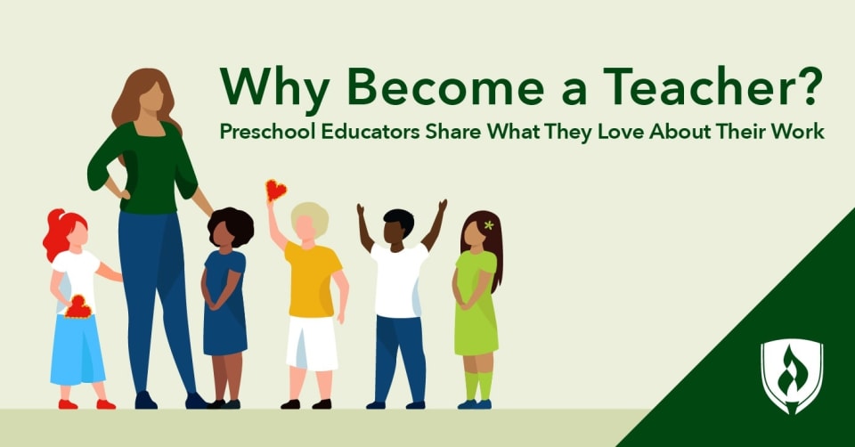 illustration of a preschool teacher with children in a classroom representing i love teaching