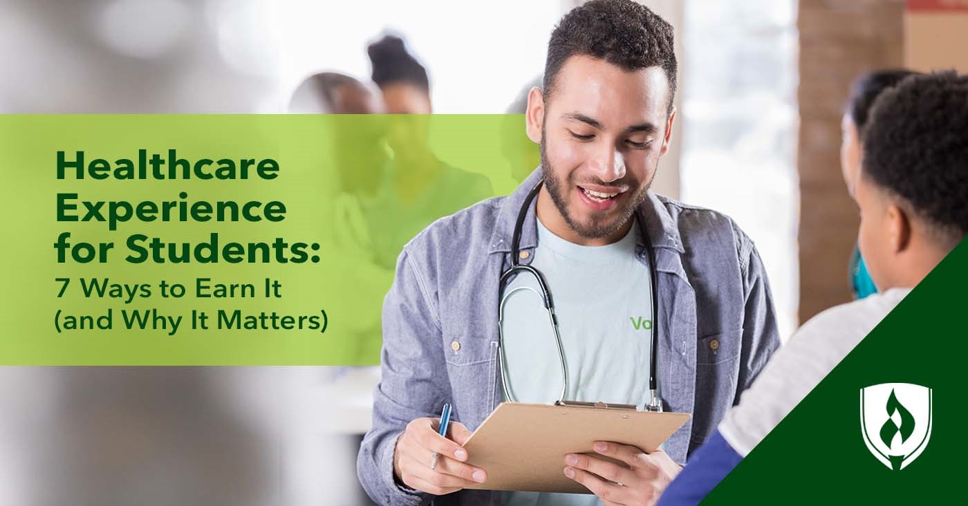 photo of a student with a clipboard volunteering to get healthcare experience