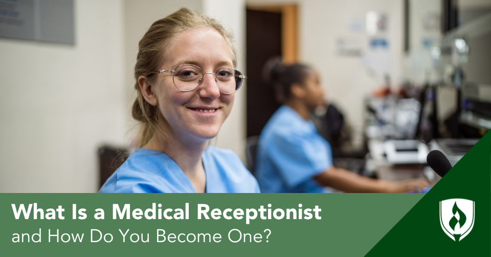 Medical receptionist in blue scrubs sits in a medical office