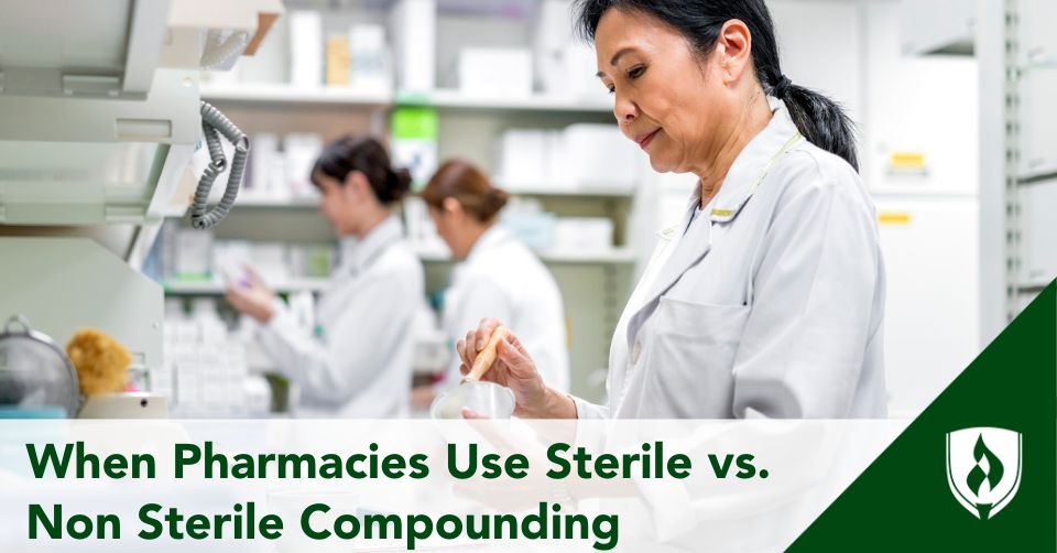 sterile vs non sterile compounding header A pharmacists and two pharm techs work in the back of the pharmacy