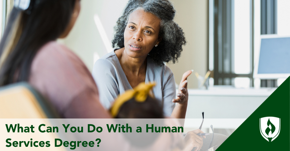 A human services coordinator meets with a mother and her child