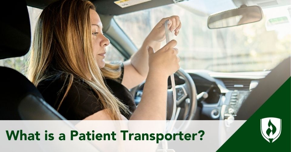 A patient transporter puts on her lanyard in the car