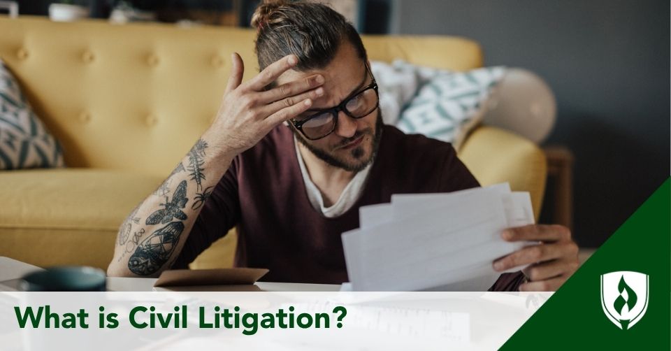 civil litigation header A man looks over documents with stress