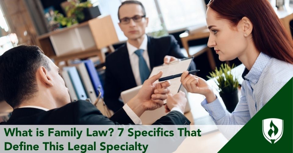 family law header A couple sign divorce papers with an attorney