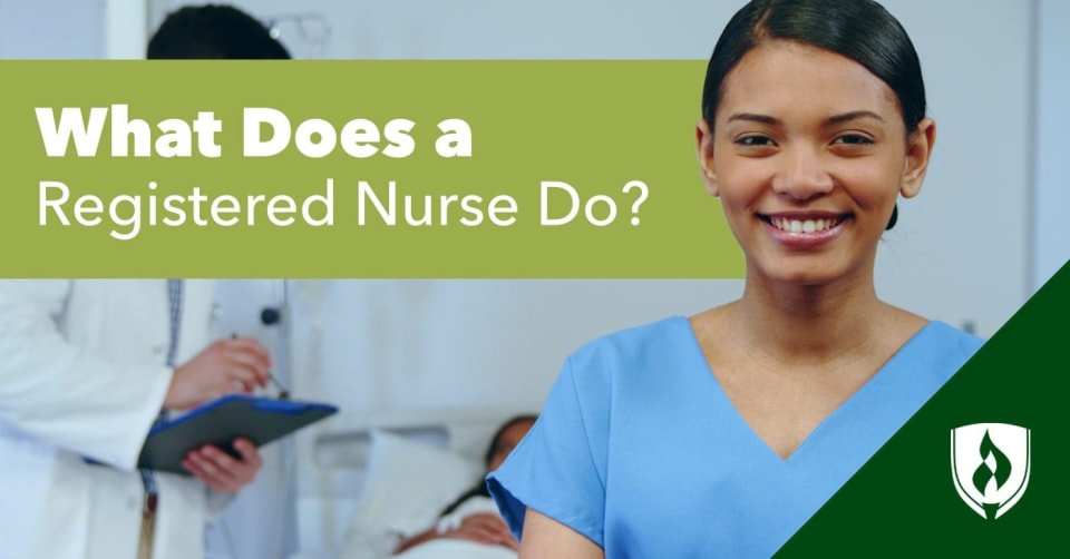 photograph of a smiling nurse in scrubs standing in front of a patient