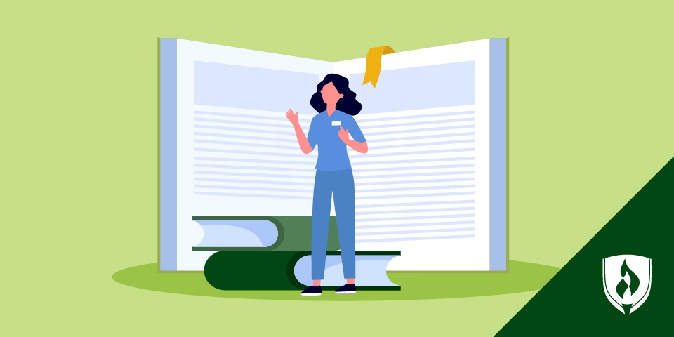 Illustration of a nurse standing in front of a large textbook of nursing terms