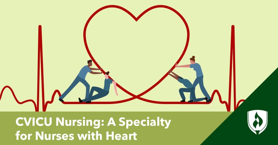 illustration of ekg lines with a heart and with cvicu nurse holding the heart up