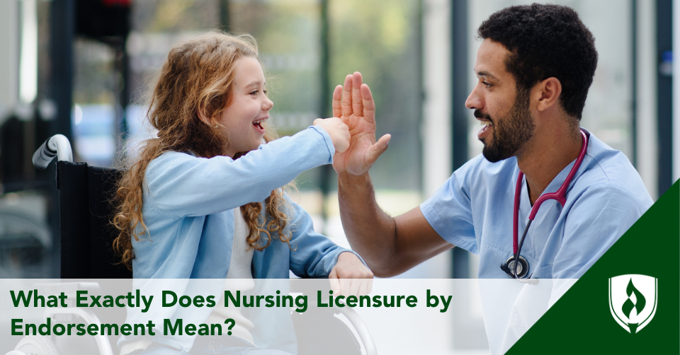 A nurse smiles and high fives a kid