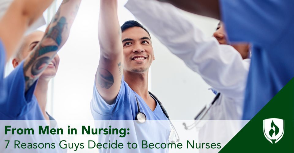 A male nurse adds his hand to a healthcare team group huddle