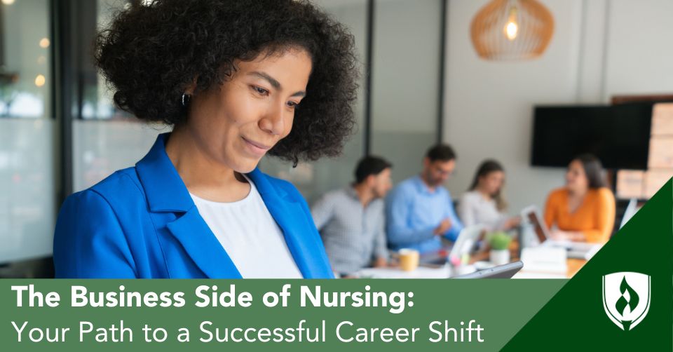 A nurse in a blue blazer goes into a meeting