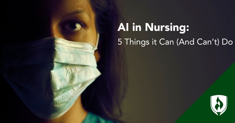 AI in Nursing header A nurse in a face mask looks closely at the camera