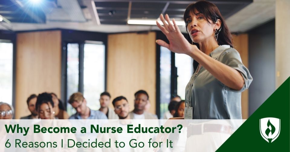 A nurse educator presents on patient safety in front of nursing students