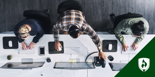 illustration of 3 tech workers working with headsets on in front of monitors representing entry level technology jobs