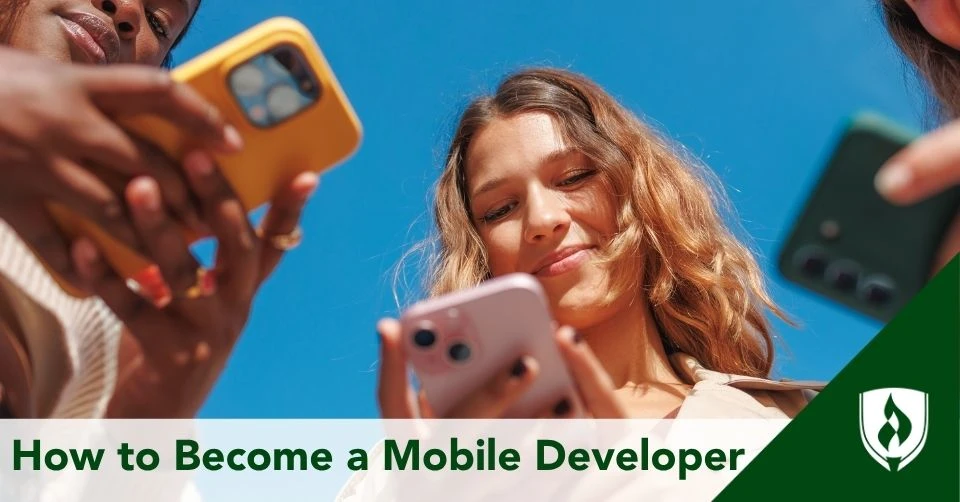how to become mobile developer header Three people look at their phones under a blue sky