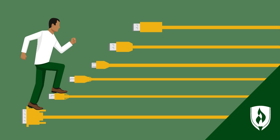 illustration of tech professional posed like they're at the starting line of a race with different length chargers as the track lanes