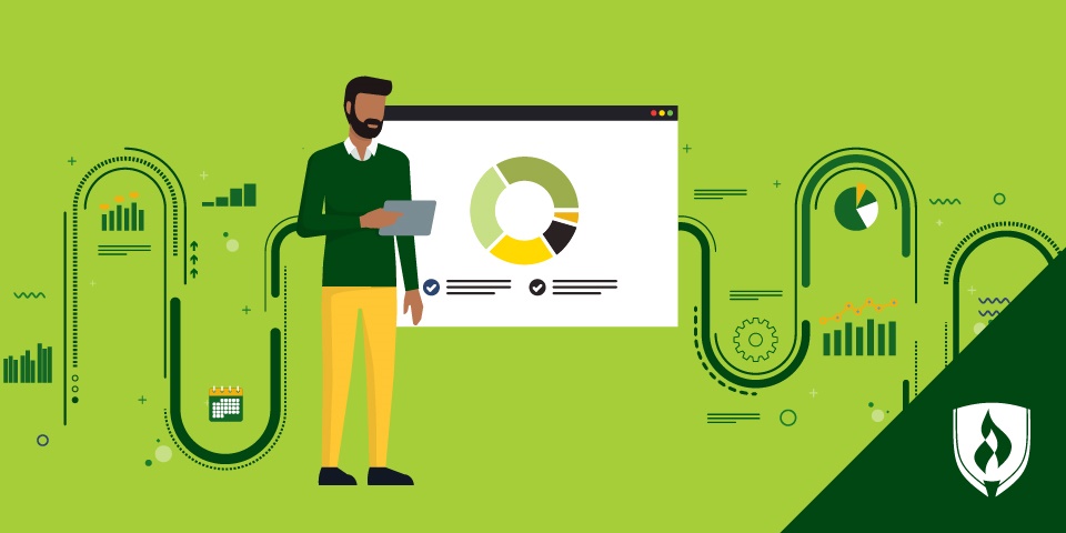 illustration of a data analyst with graphs and wheels turning symbolizing data analyst skills