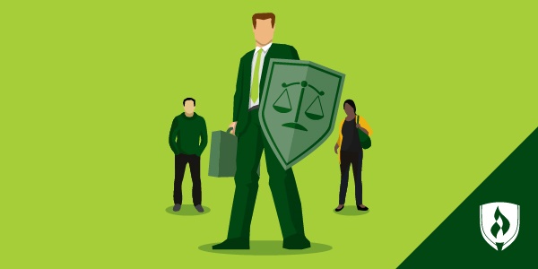 illustration of an attorney with a shield with a criminal justice icon on it representing types of criminal defenses