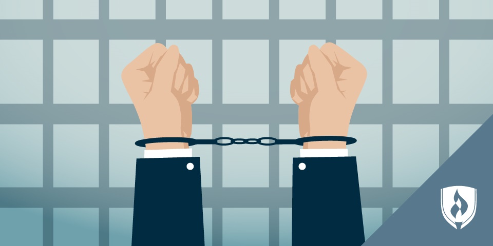 illustration of man's arms wearing a suit in handcuffs in a jail cell