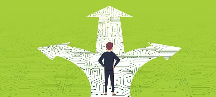 illustration of a man standing on a path that looks like a motherboard