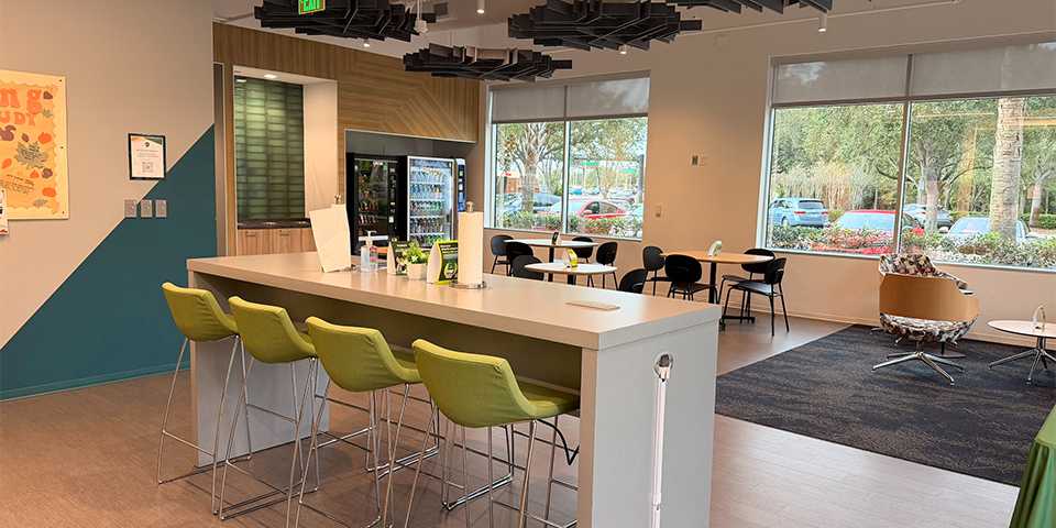On-campus lounge space at the Rasmussen University Orlando location.
